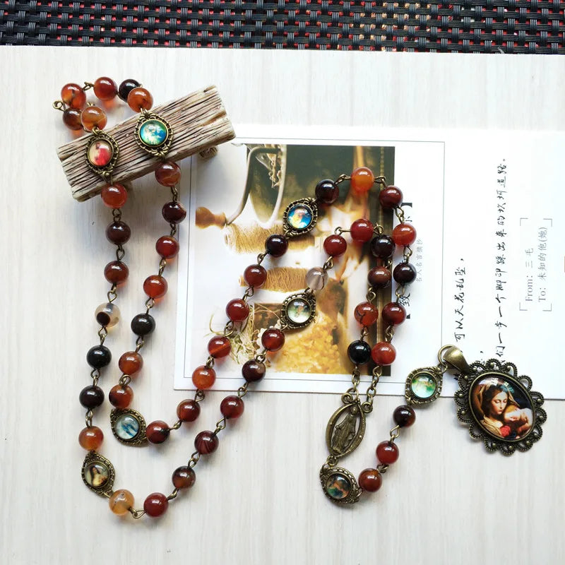 Brone Stone Seven Bitter Virgin Rosary Pendant Necklace Long Catholic Jewelry