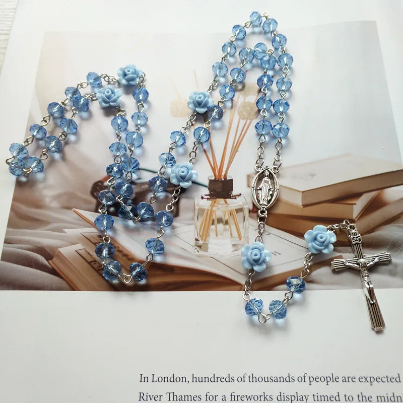 Multiple colors Rose Crystal Rosary Necklace Catholic Vintage Cross Pendant