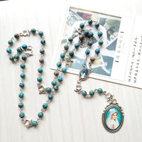 Green Peacock Stone Seven Bitter Rosary Long Virgin Pendant Necklace