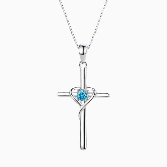 S925 Silver Plated Cross Necklace with Heart and Blue Gemstone