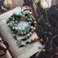 Blue Acrylic Rosary Strand Weave  Necklace Cross