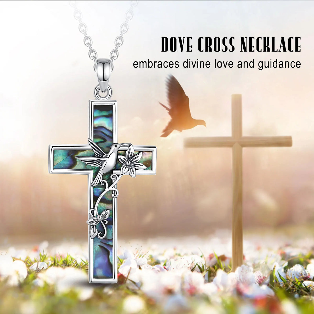 925 Sterling Silver Cross Hummingbird Necklace Natural Abalone Shell Pendant