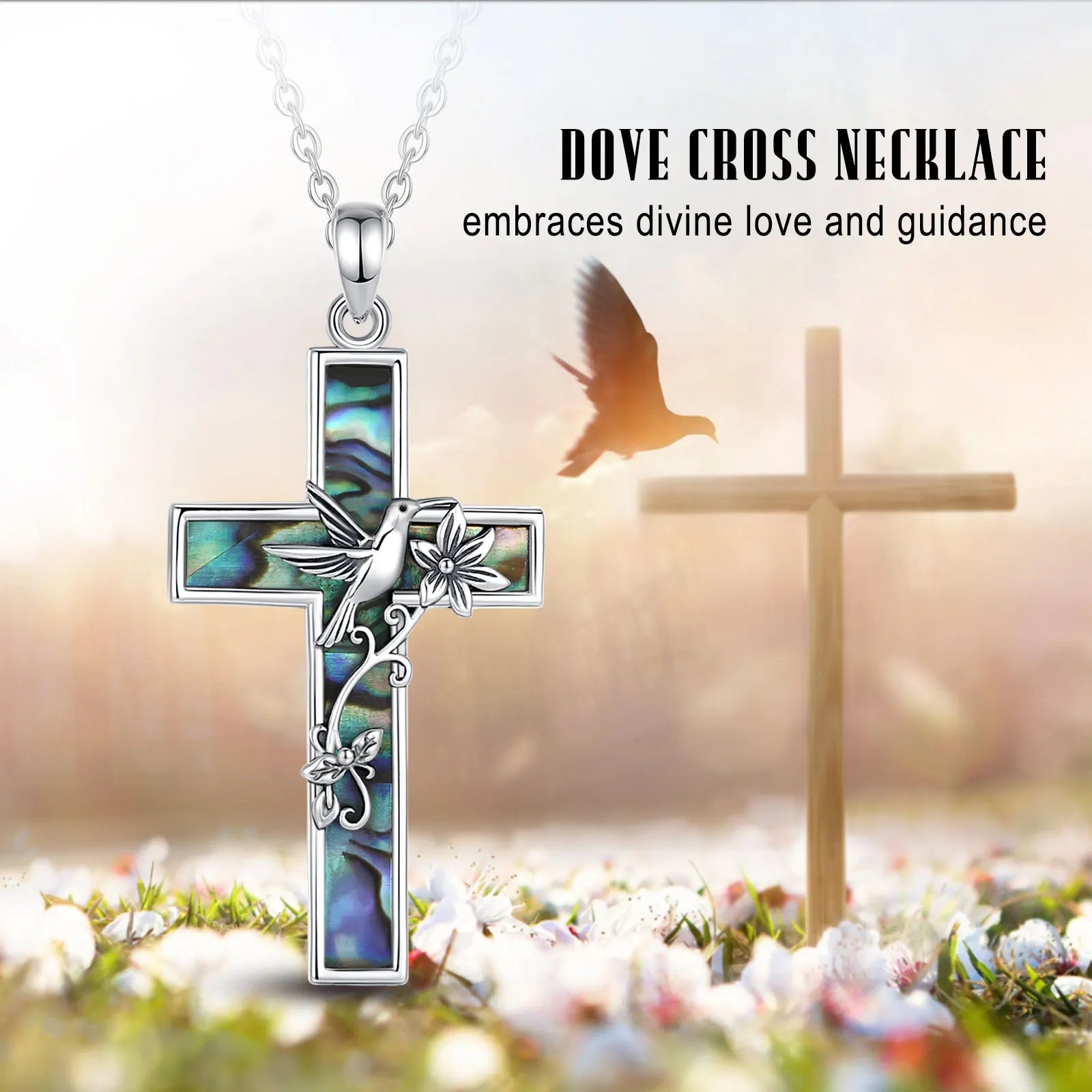 925 Sterling Silver Cross Hummingbird Necklace Natural Abalone Shell Pendant