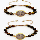 2Pcs San Benito Bracelets Tigher Eye Adjustable Bracelet The Saint Benedict Medal