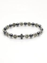 Hematite Rosary Bracelet St. Benedict Medal Cross Prayer Bracelets ﻿