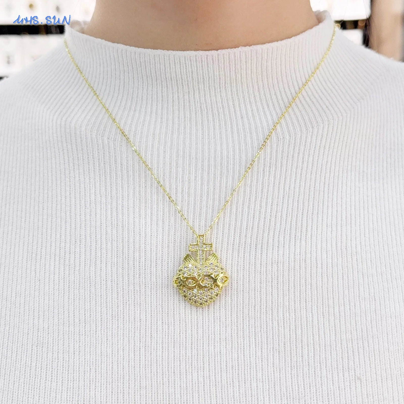 Cubic Zirconia Sacred Heart of Jesus Necklace