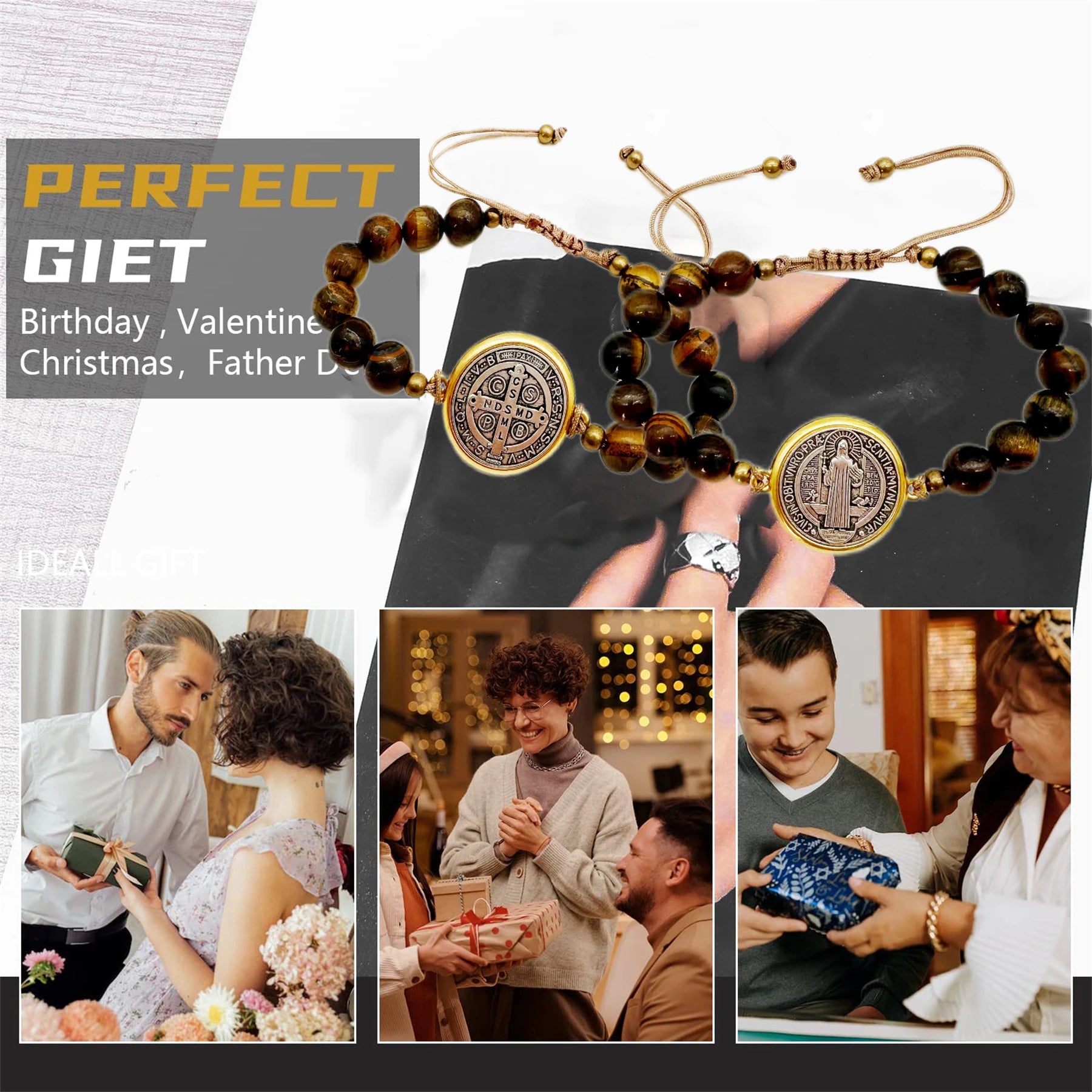2Pcs San Benito Bracelets Tigher Eye Adjustable Bracelet The Saint Benedict Medal