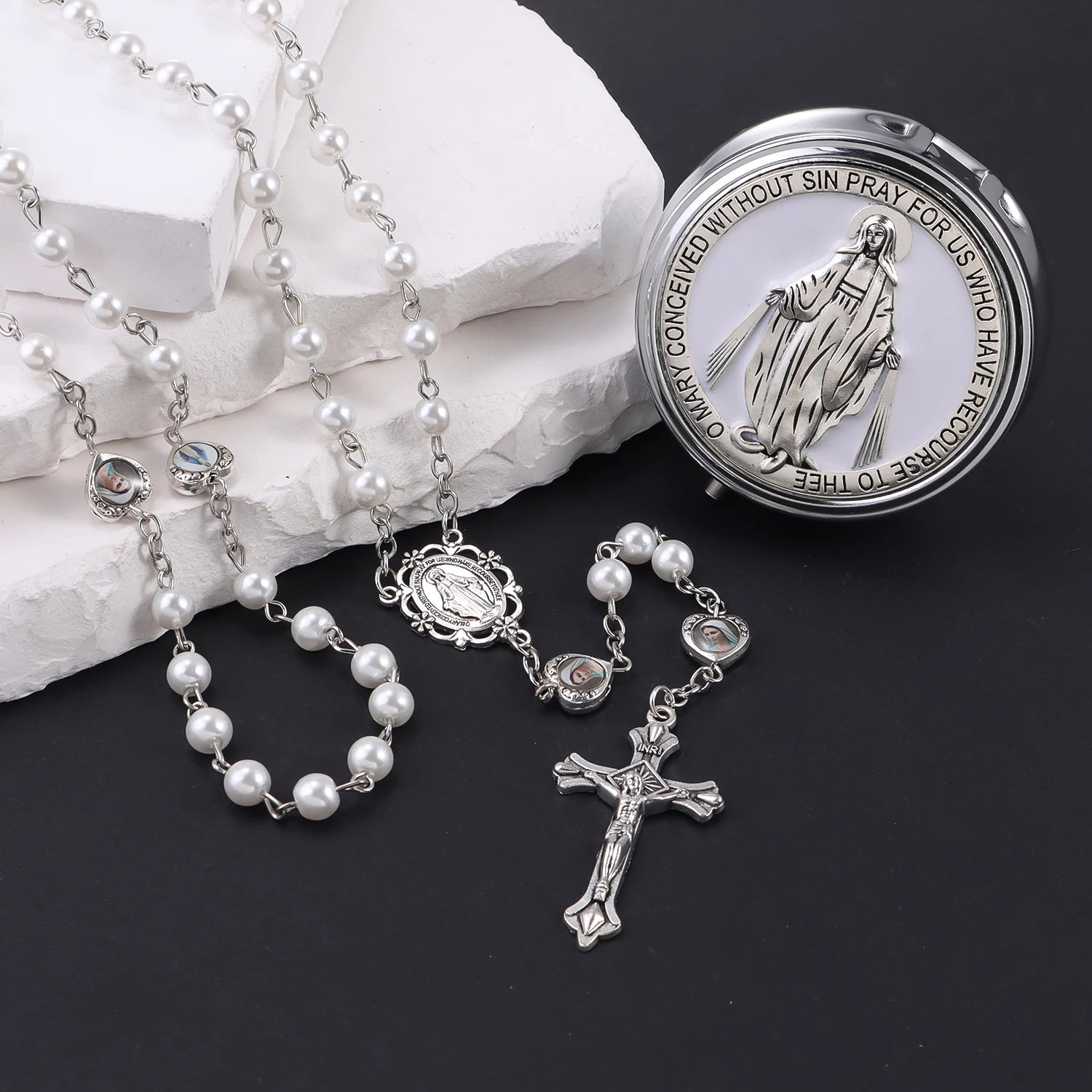 Rosary Necklace Catholic Prayer Beads with box Necklace with Virgin Mary&St. Benedict