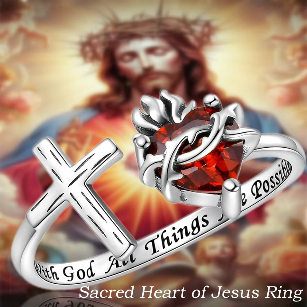 Jesus Sacred Heart Cross Open Ring