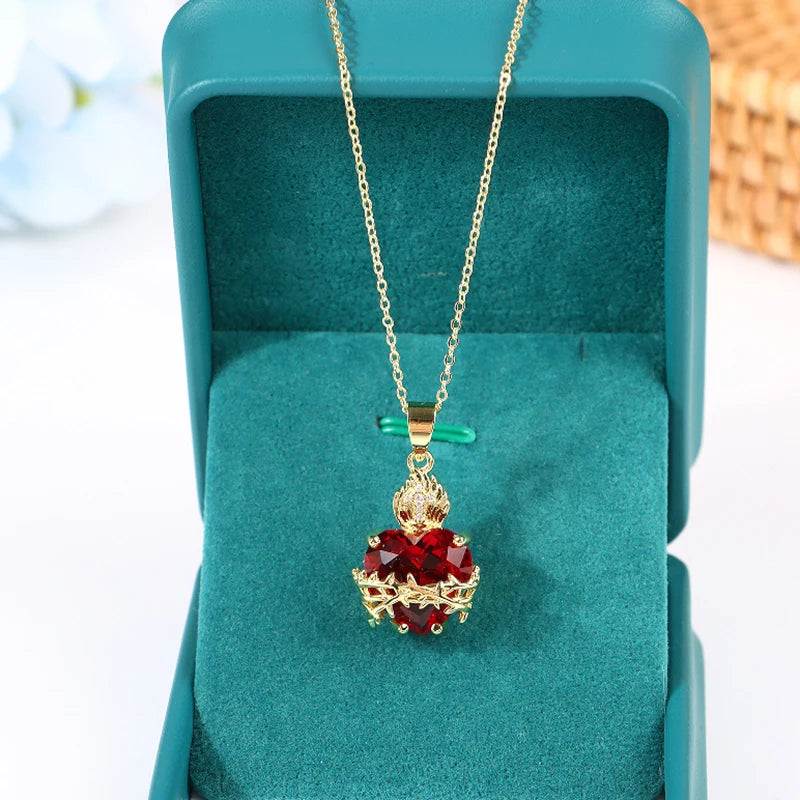 Red Zircon Heart Pendant Cross Choker