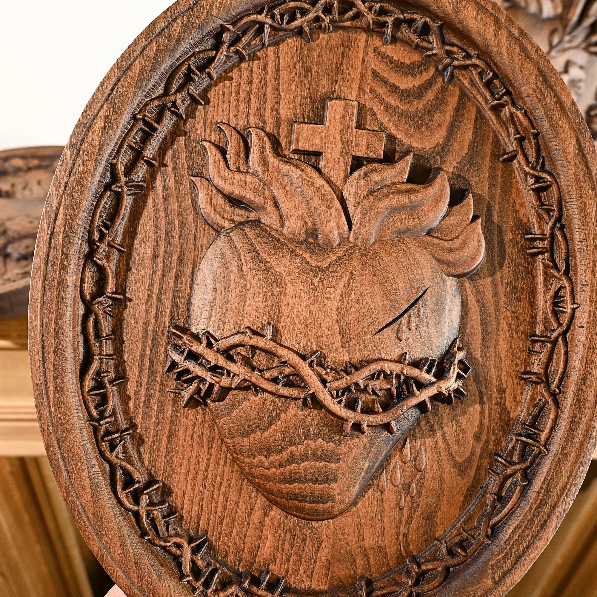 Wood Carving Holy Family Three Hearts Wall Decoration