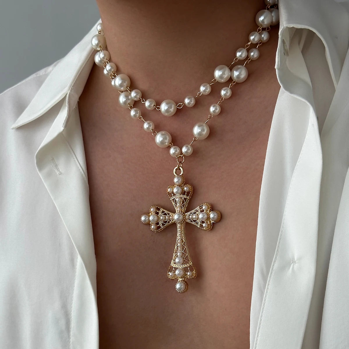 Elegant Imitation Pearl Choker New Cross Pendant Necklace