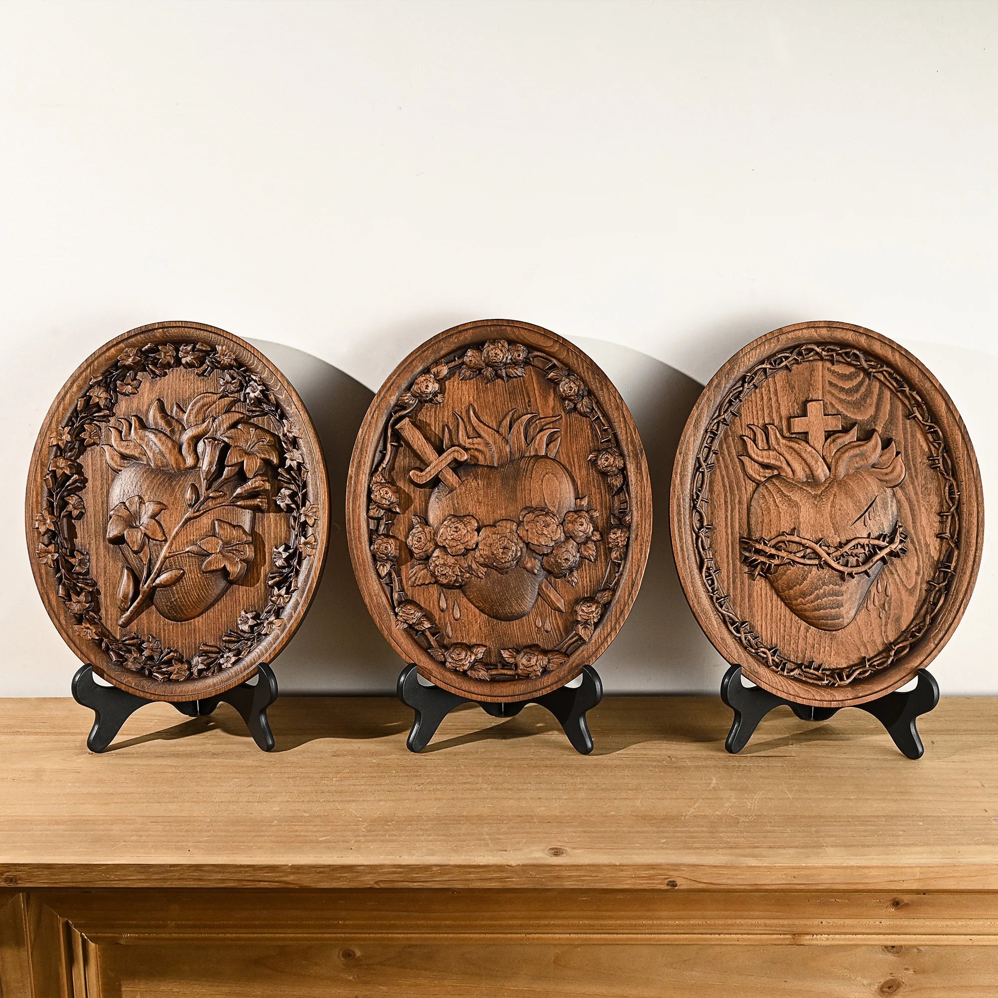 Wood Carving Holy Family Three Hearts Wall Decoration