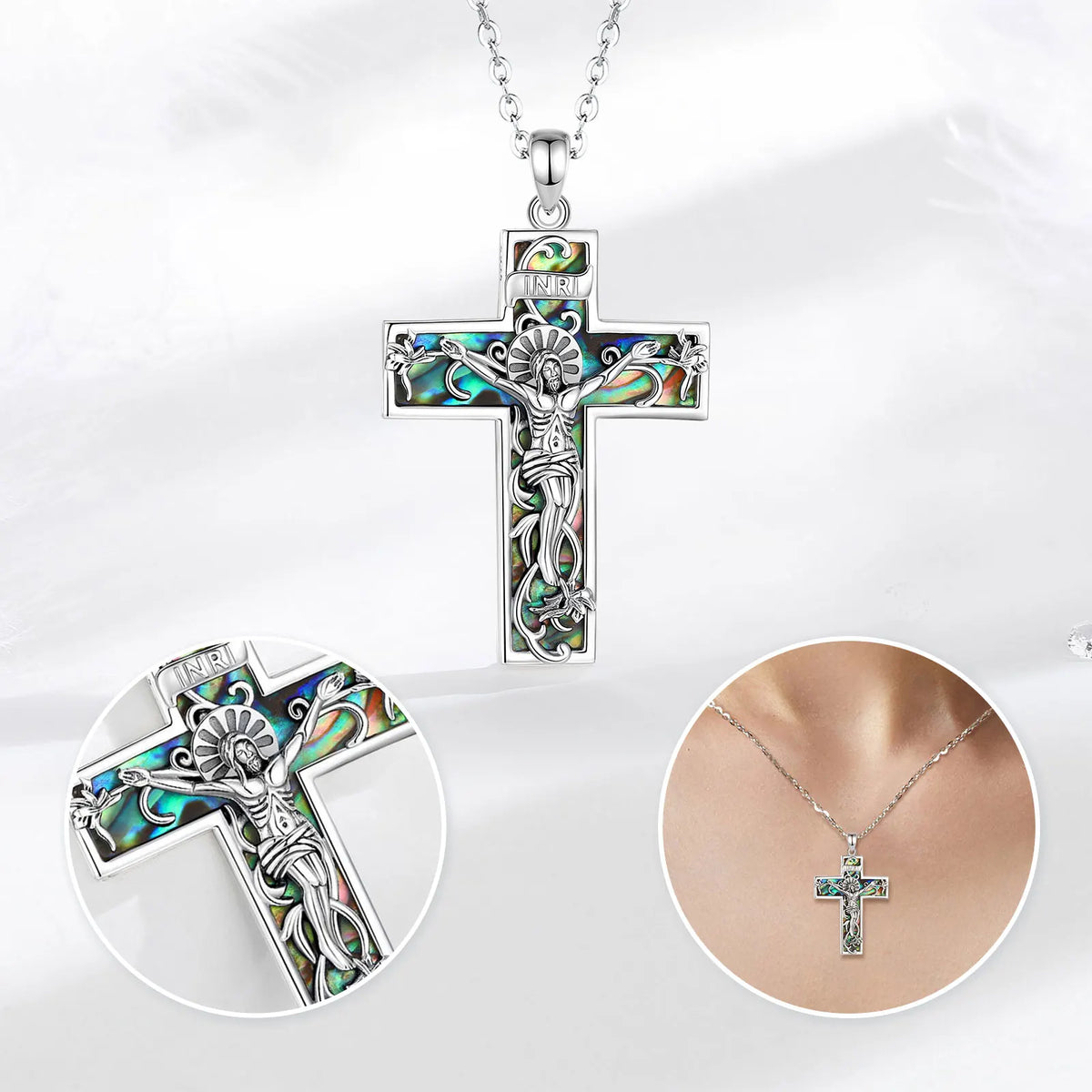 925 Sterling Silver Abalone Shell  Jesus Crucifix Cross Necklace