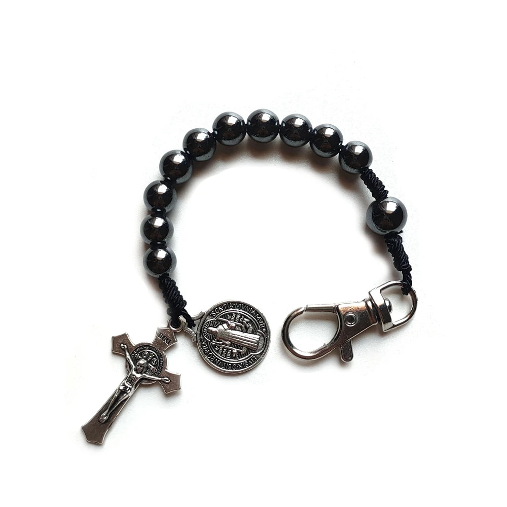 Hematite Beads Rosary Cross Saint Benedict Bracelets