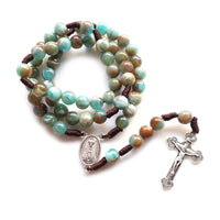 Blue Acrylic Rosary Strand Weave  Necklace Cross