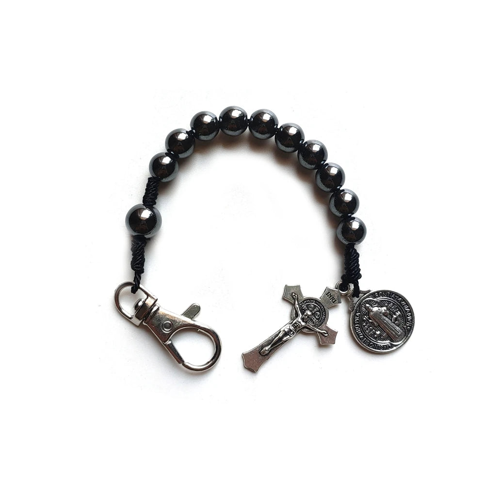 Hematite Beads Rosary Cross Saint Benedict Bracelets