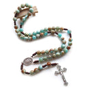 Blue Acrylic Rosary Strand Weave  Necklace Cross