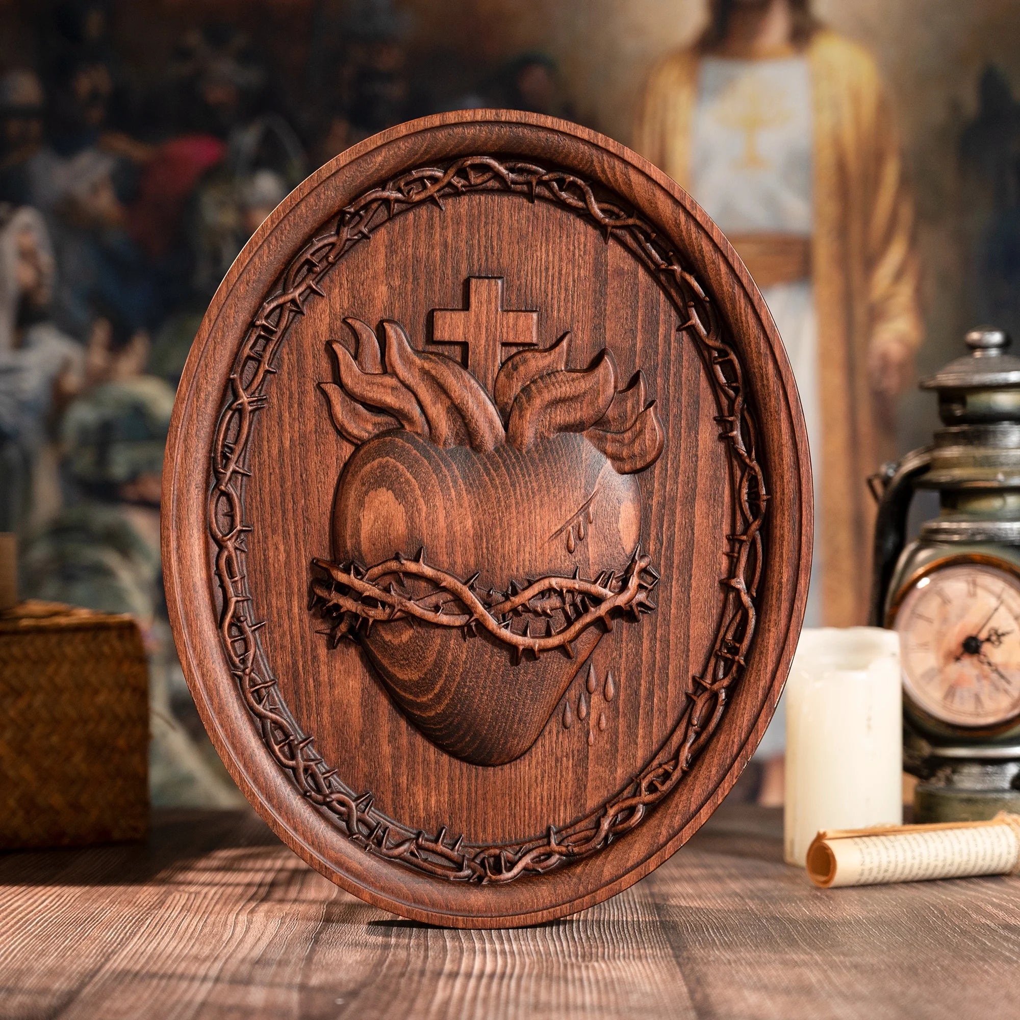 Wood Carving Holy Family Three Hearts Wall Decoration
