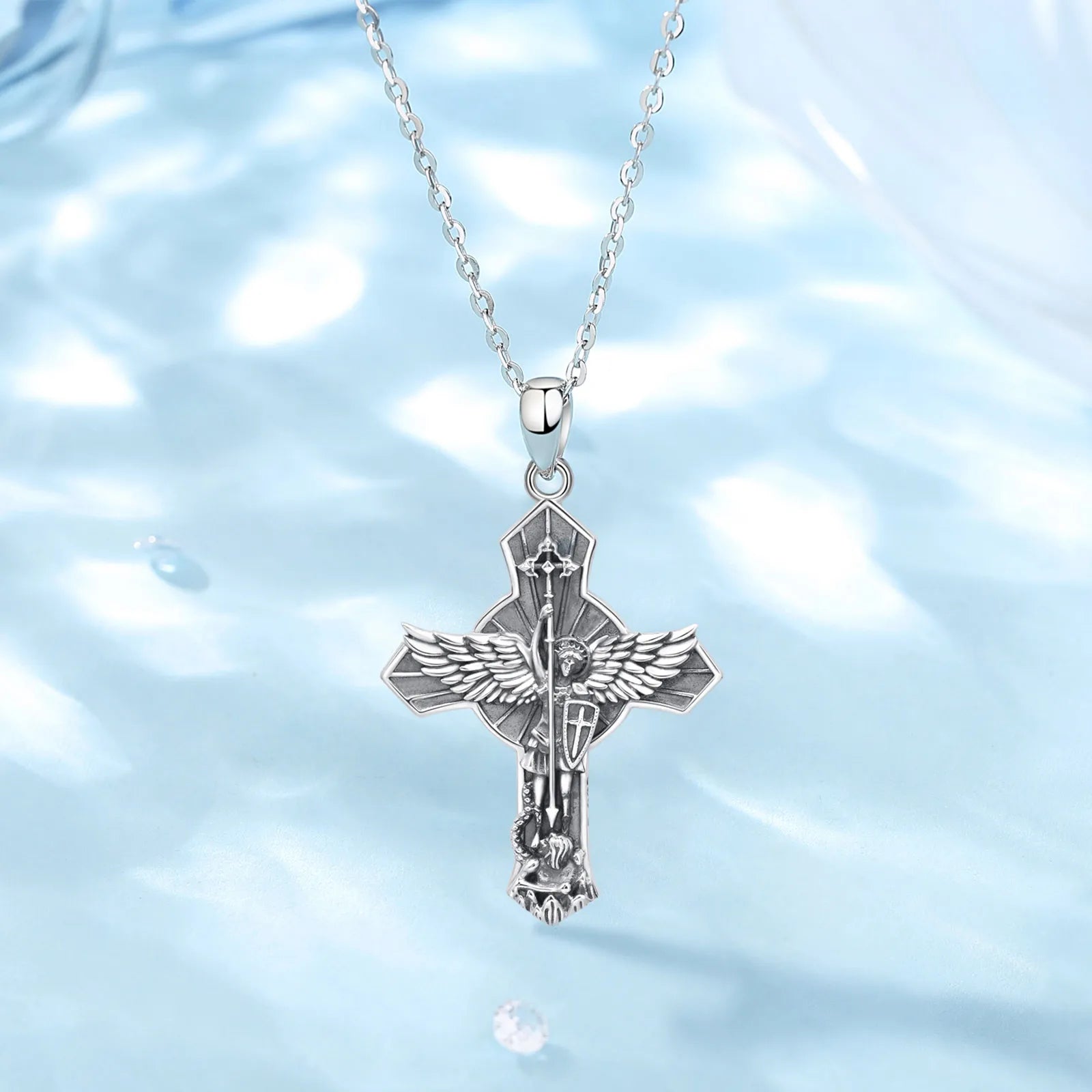New 925 Sterling Silver St. Michael Archangel Necklace Cross Vintage Wing Pendant Religious Jewelry