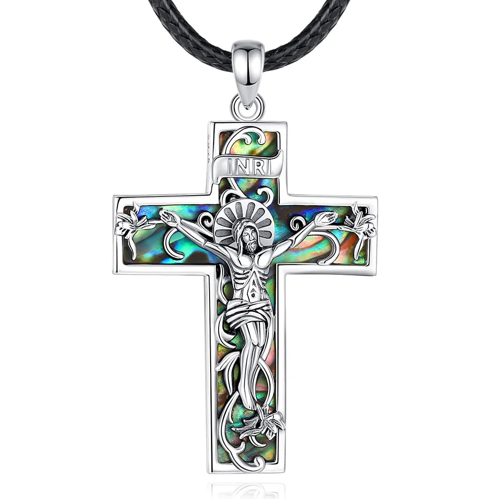 925 Sterling Silver Abalone Shell  Jesus Crucifix Cross Necklace