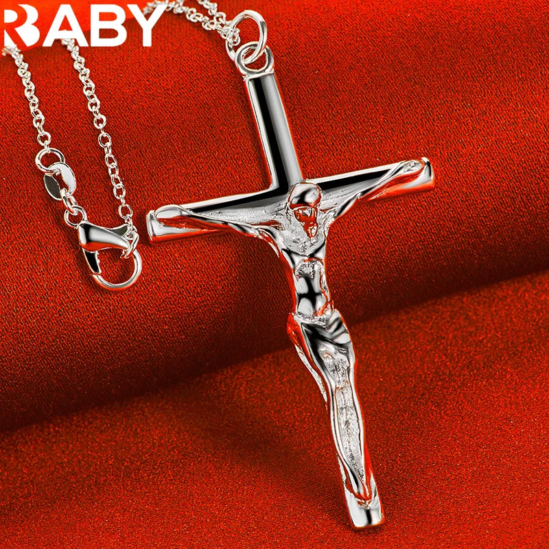 925 Sterling Silver Jesus Cross Pendant Necklace Snake Chain