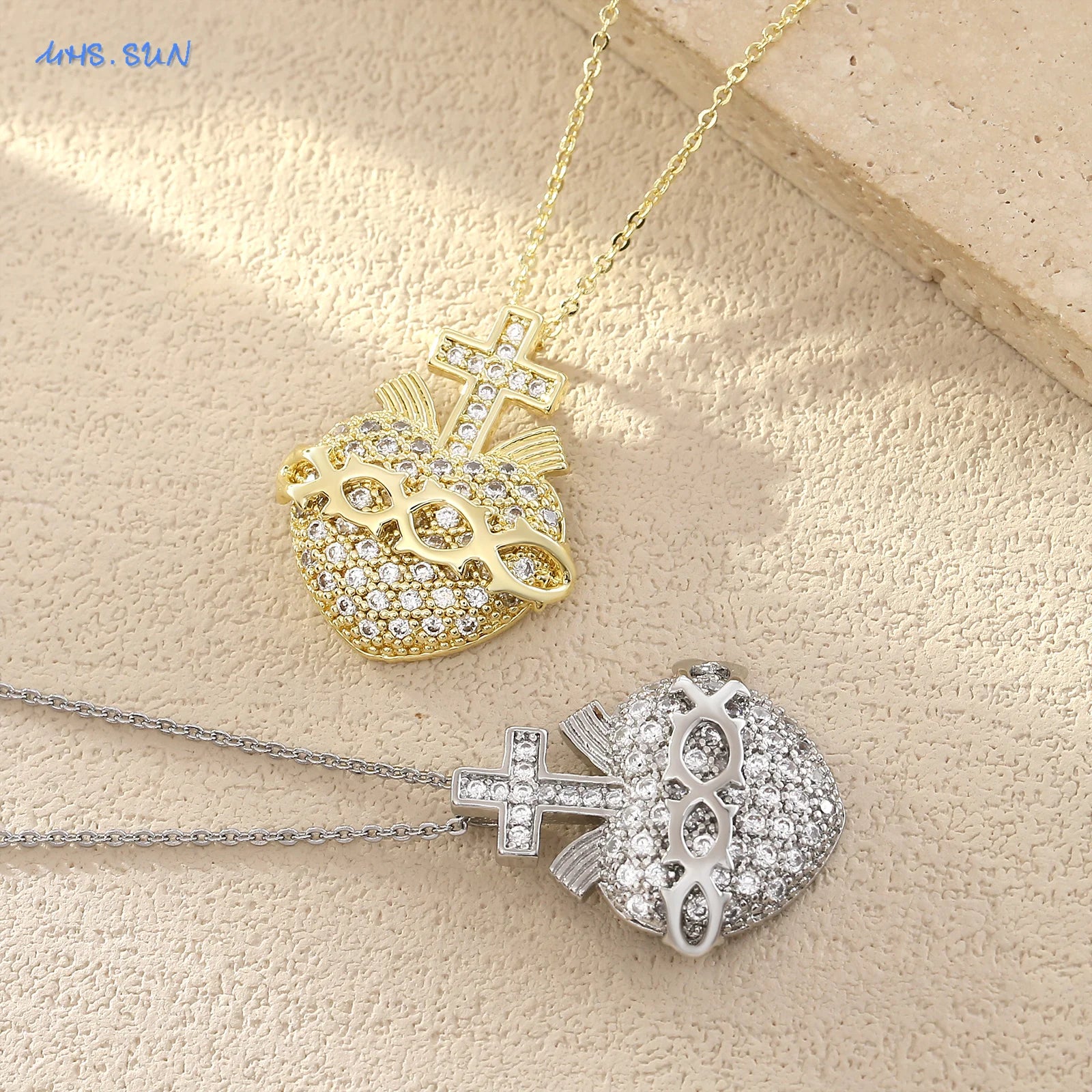 Cubic Zirconia Sacred Heart of Jesus Necklace