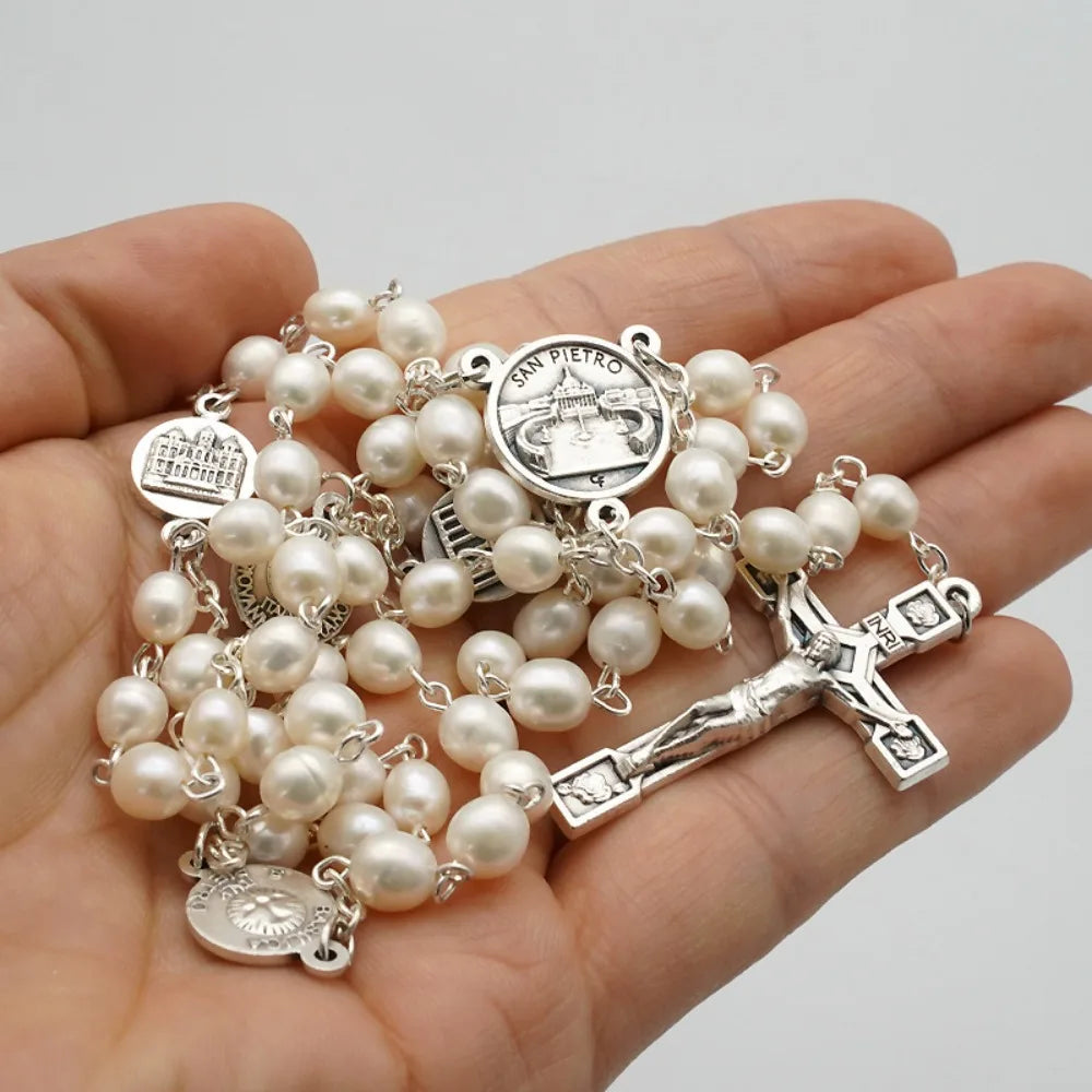 Italian Pearl Rosary Necklace Mother-of-pearl Franciscan Rose Cross