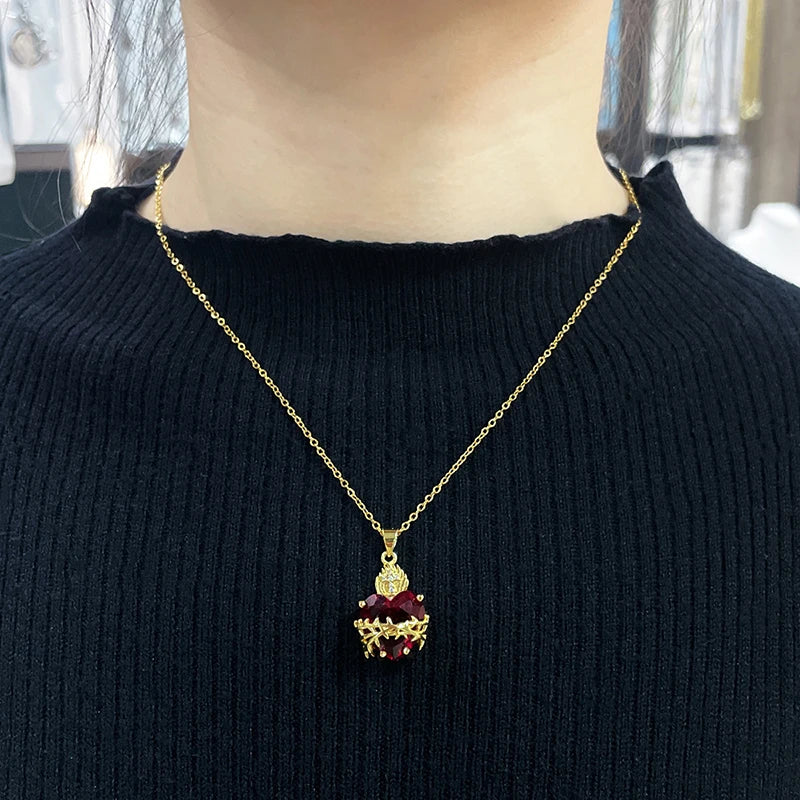 Red Zircon Heart Pendant Cross Choker