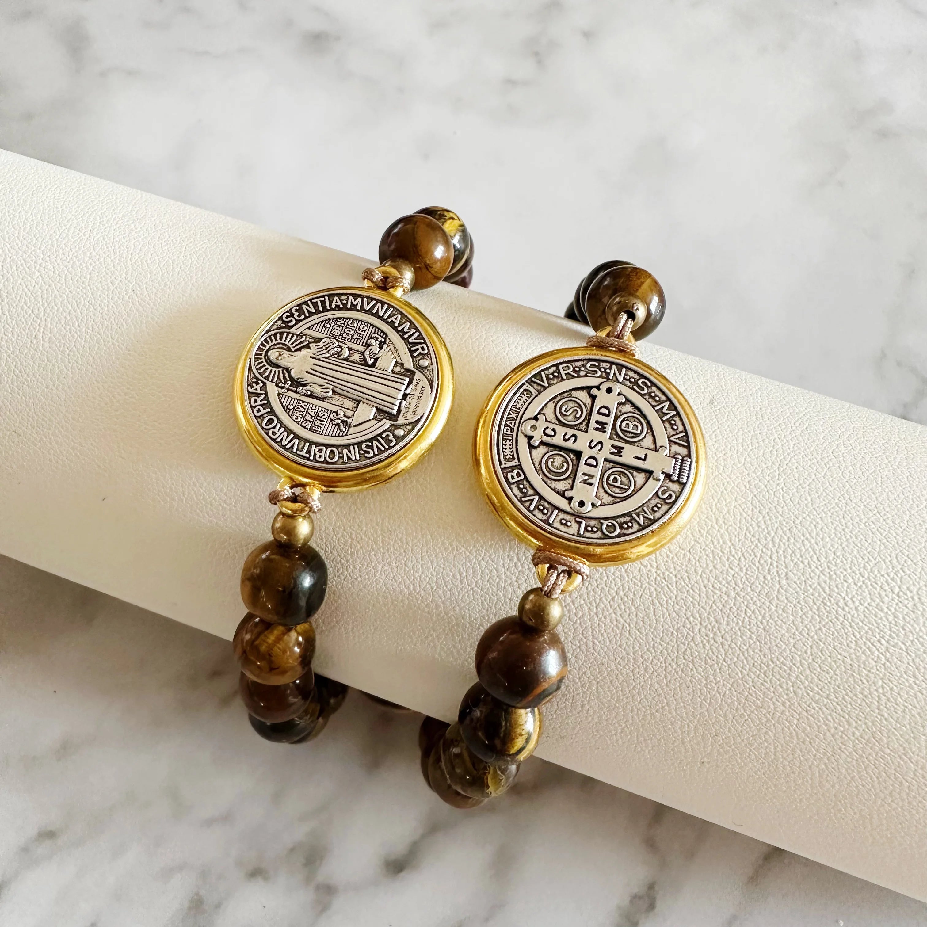 2Pcs San Benito Bracelets Tigher Eye Adjustable Bracelet The Saint Benedict Medal