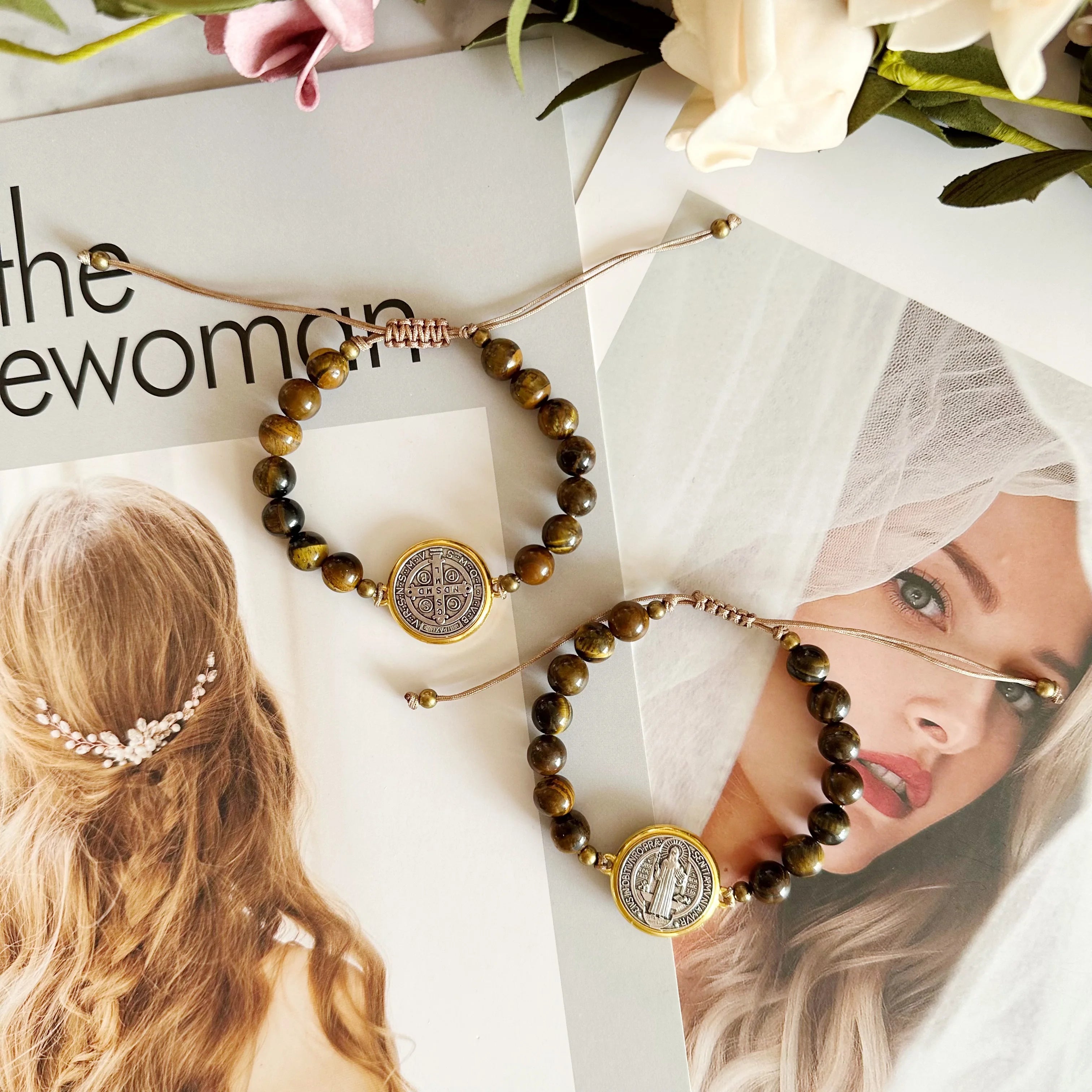 2Pcs San Benito Bracelets Tigher Eye Adjustable Bracelet The Saint Benedict Medal