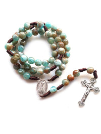 Blue Acrylic Rosary Strand Weave  Necklace Cross