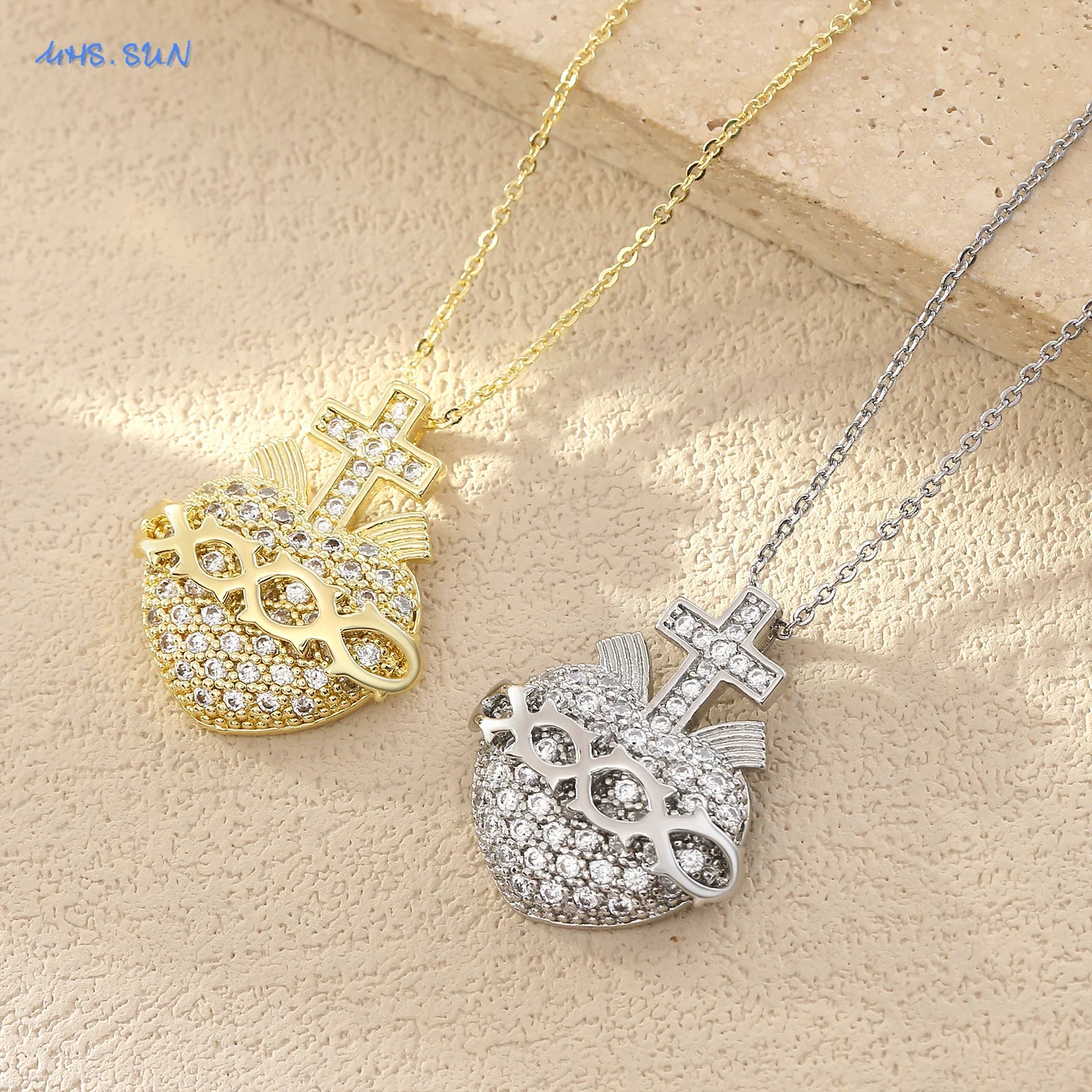 Cubic Zirconia Sacred Heart of Jesus Necklace