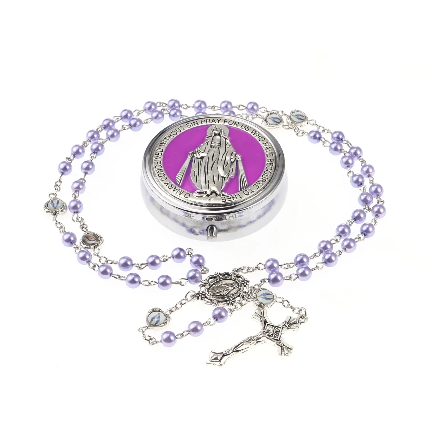 Rosary Necklace Catholic Prayer Beads with box Necklace with Virgin Mary&St. Benedict