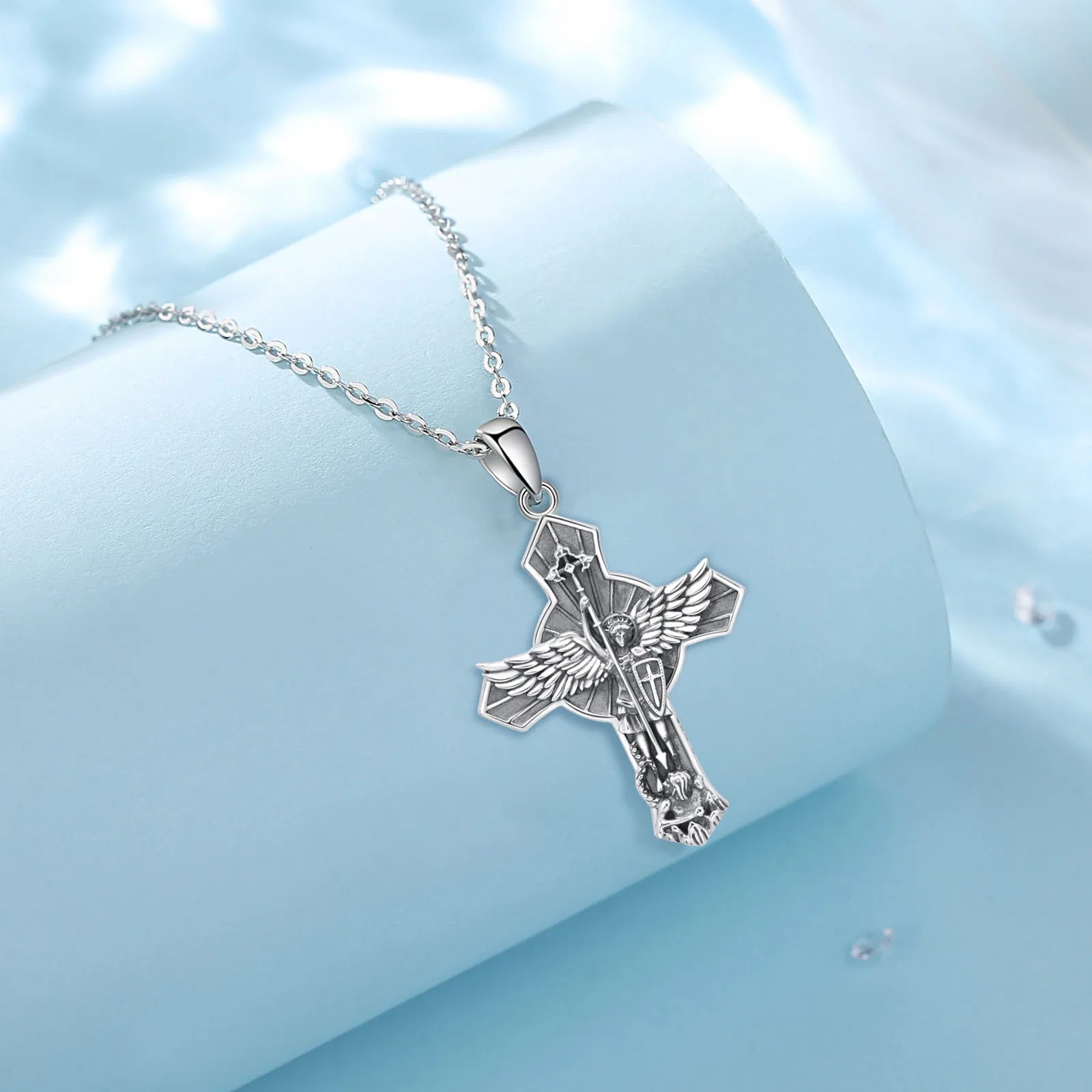 New 925 Sterling Silver St. Michael Archangel Necklace Cross Vintage Wing Pendant Religious Jewelry
